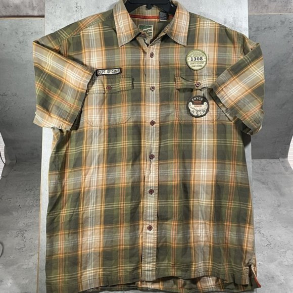 Enyce Patches Shirt Mens Size L Game Wildlife Plaid Hunting Button Short Sleeve - Picture 1 of 7